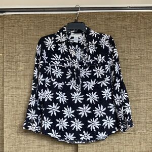 Cathy Daniels linen blend popover shirt black with white floral print